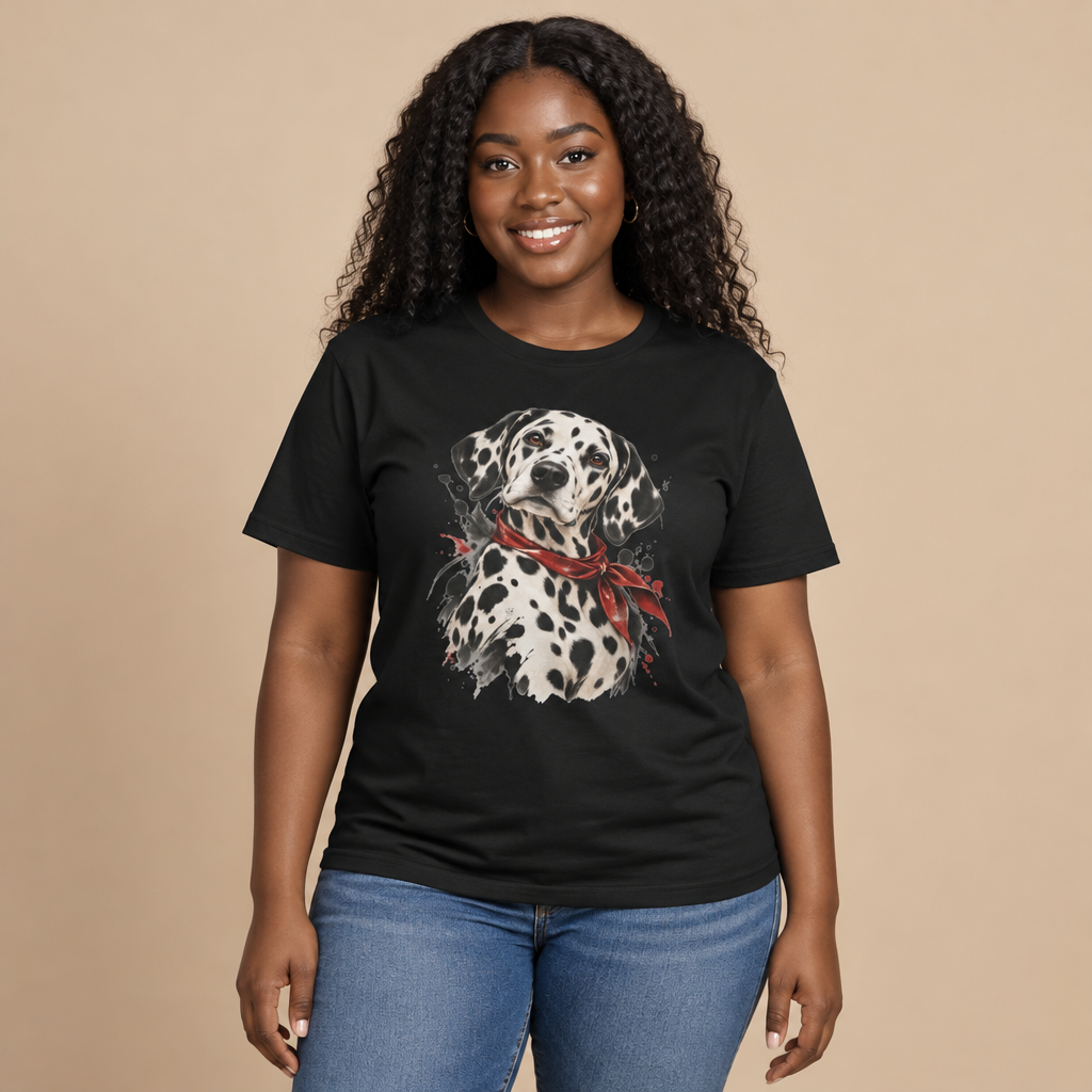 Woman wearing the Dalmatian Red Bandana dog portrait splatter art t-shirt in black