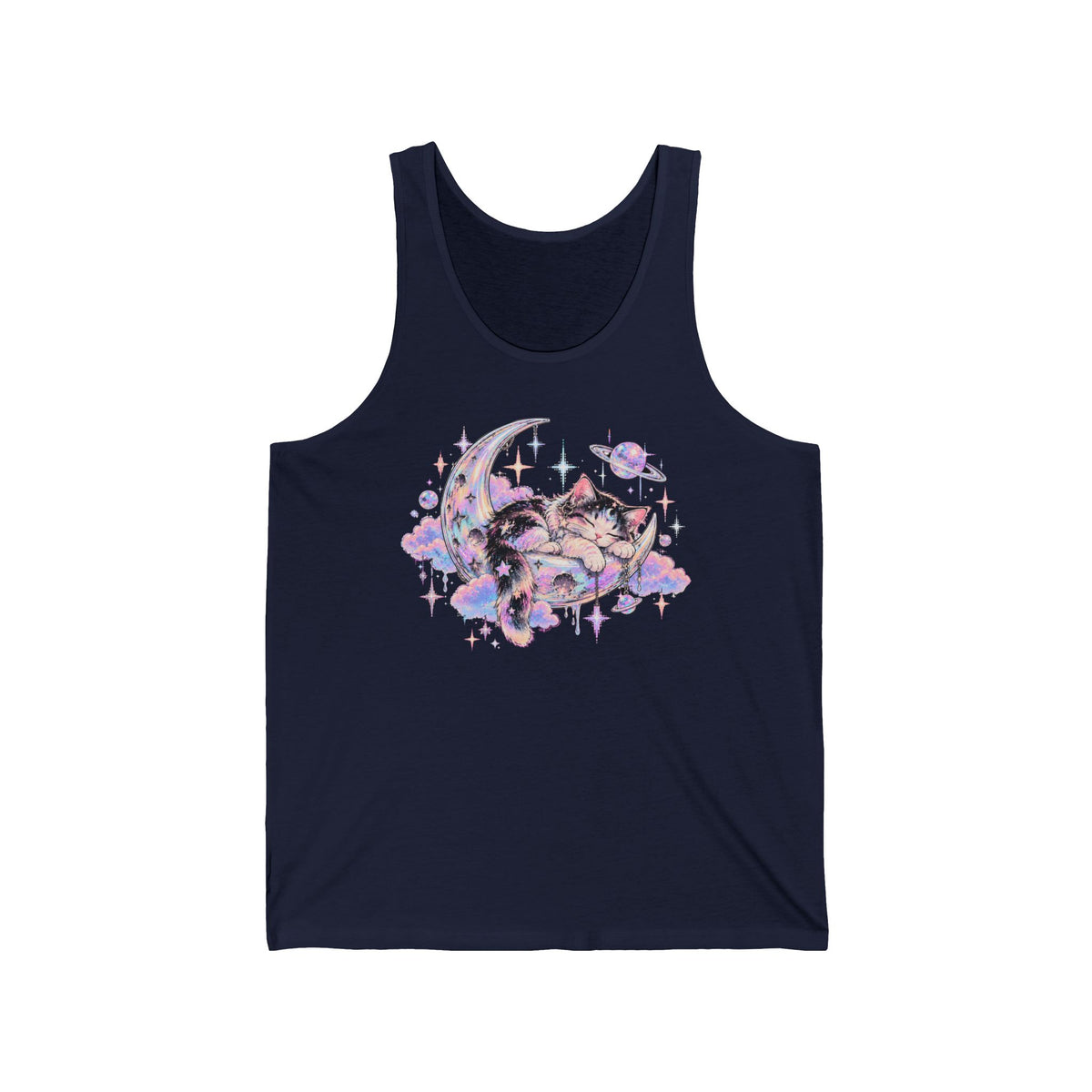 Sleeping Cat on Crescent Moon Tank Top Pastel Kawaii Celestial Kitten Tank