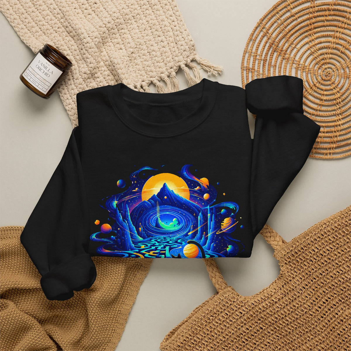 Cosmic Black Cat Maze Sweatshirt Celestial Galaxy Labyrinth Cat Lover Crewneck