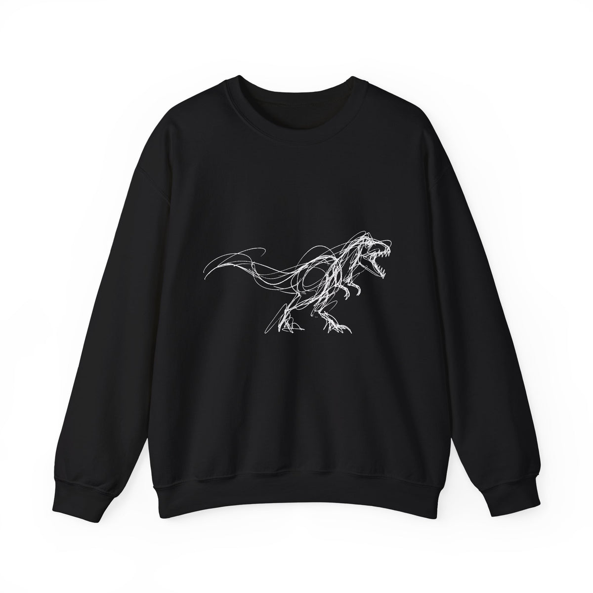 Sketchy White T-Rex on Black Sweatshirt Loose Ink Dinosaur Line Art