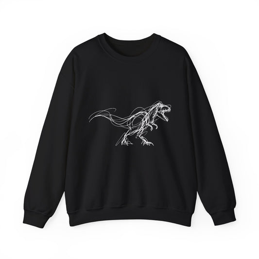 Sketchy White T-Rex on Black Sweatshirt Loose Ink Dinosaur Line Art