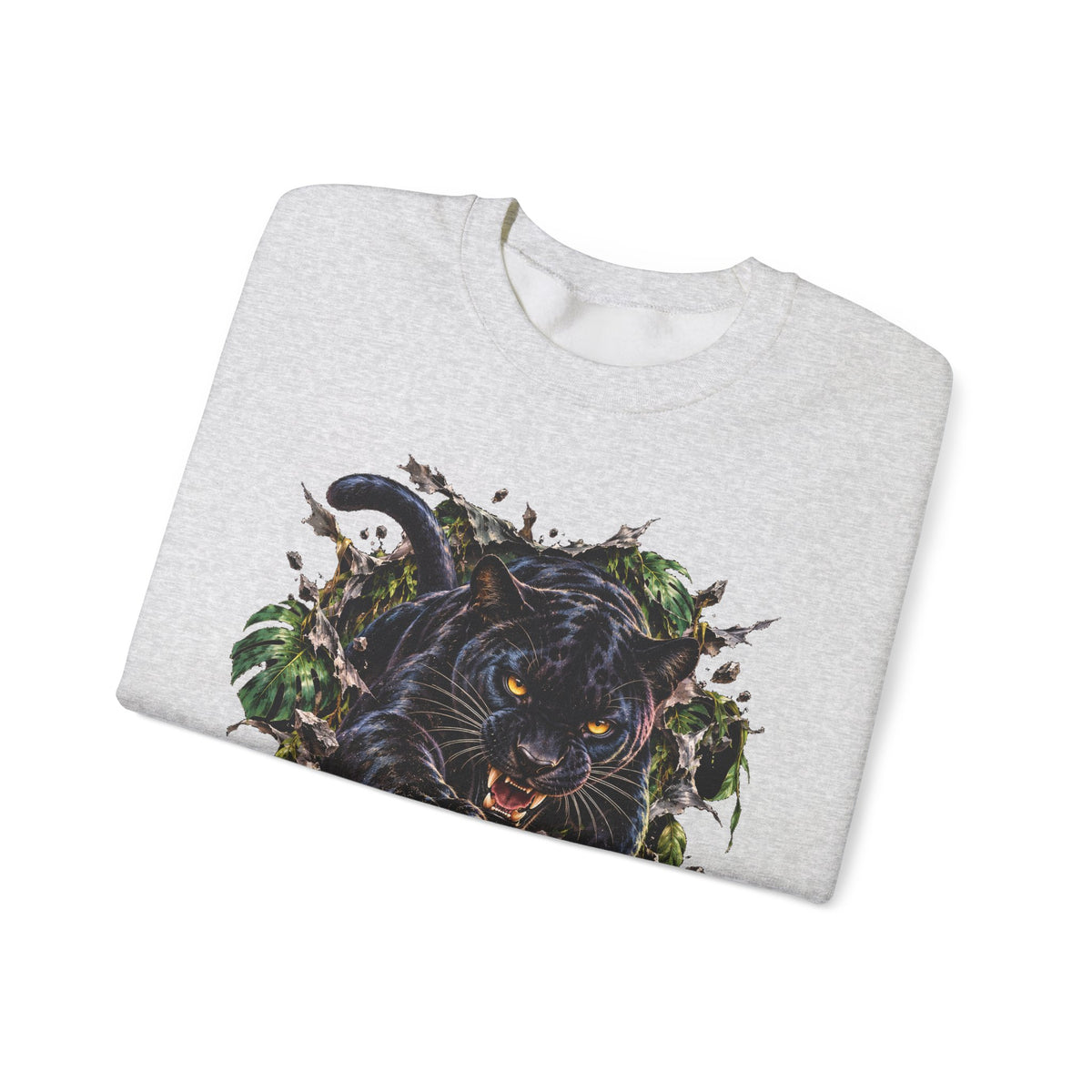 Black Jaguar Sweatshirt Snarling Big Cat Jungle Leaves Crewneck