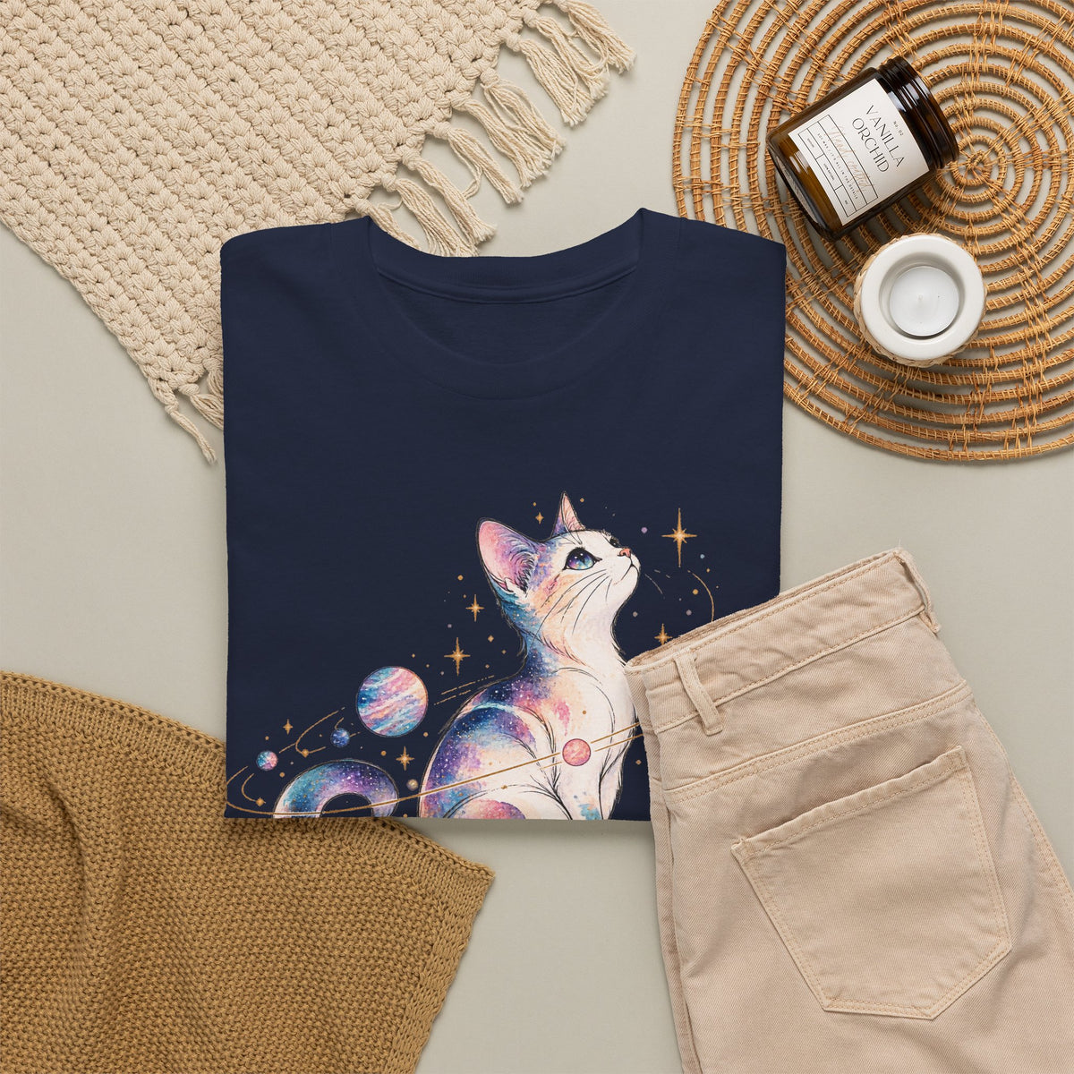 Cosmic Galaxy Cat T-Shirt, Pastel Watercolor Cat Planets Gold Stars Celestial Graphic Tee Unisex
