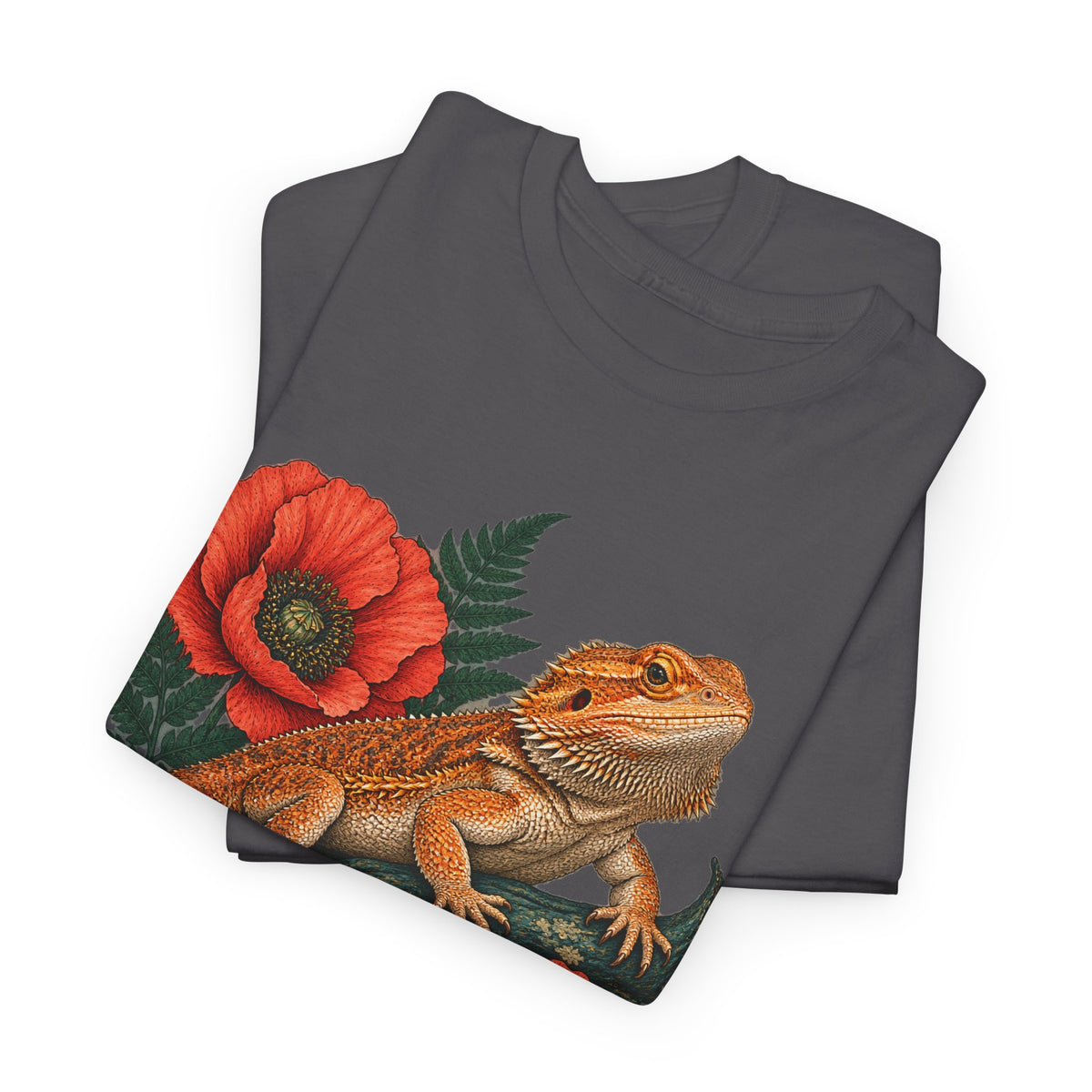 Bearded Dragon Red Poppies T-Shirt Botanical Lizard Floral Tee