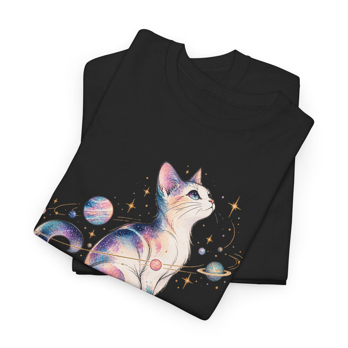 Cosmic Galaxy Cat T-Shirt, Pastel Watercolor Cat Planets Gold Stars Celestial Graphic Tee Unisex