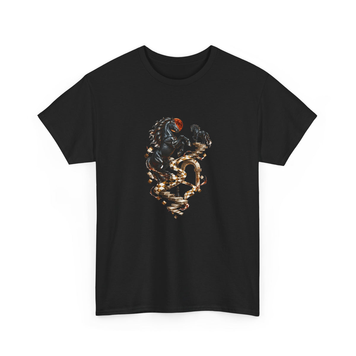 Surreal Black Horses Chess Fantasy T-Shirt Rearing Stallions Stairs Moon Tee