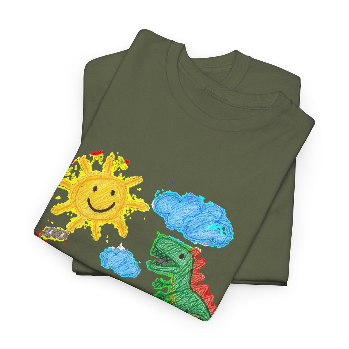 Kids Crayon Drawing T-Shirt Dinosaur Dog Sun House Cute Childlike Art Tee