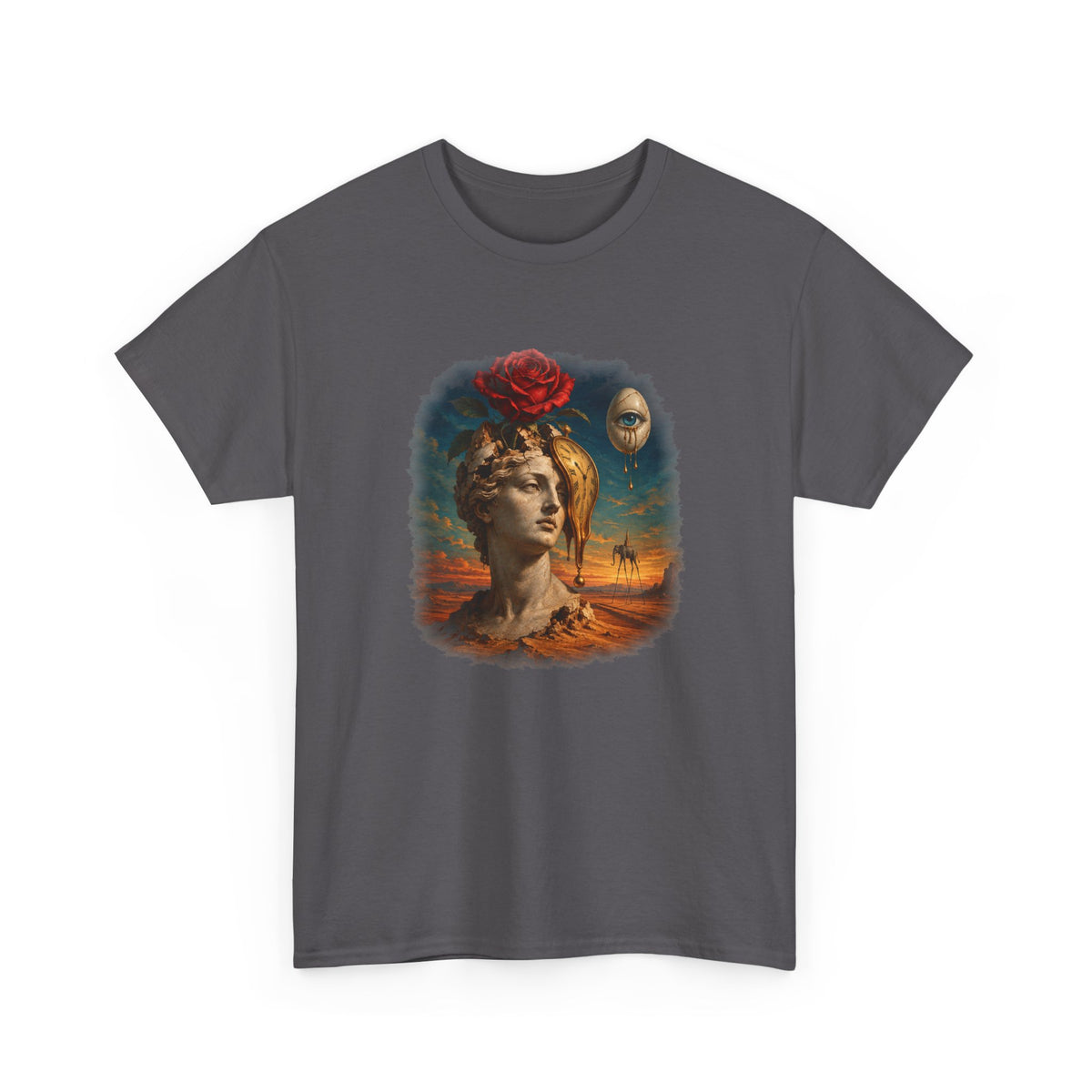Surreal Rose Bust Melting Clock T-Shirt Dalí Style Desert Dream Tee