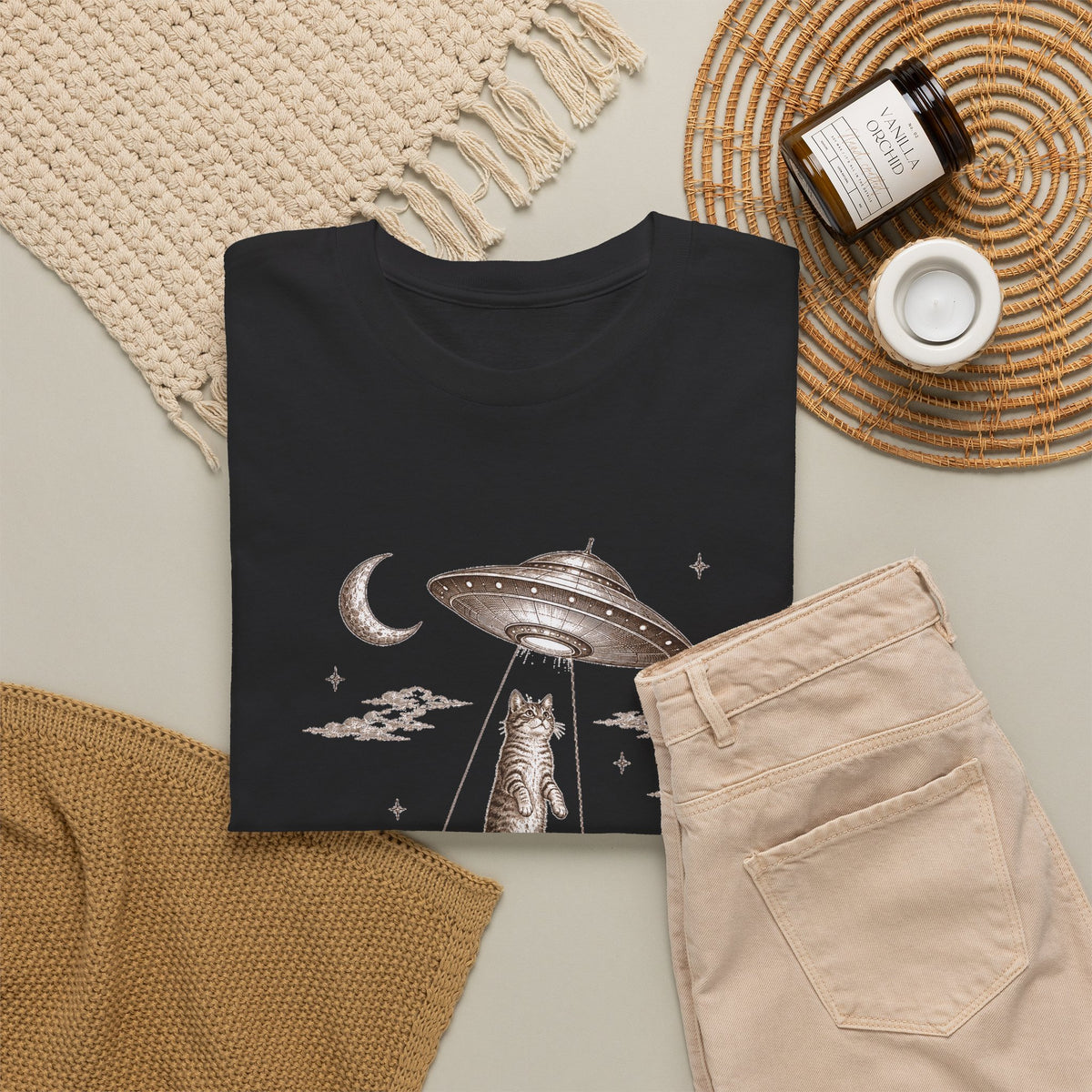 UFO Cat Abduction T-Shirt Sepia Desert Tabby Alien Beam Tee