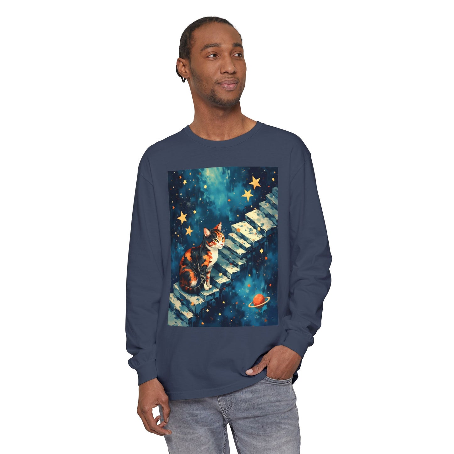 Long Sleeve T-Shirt - Cat on a Stairway to the Stars