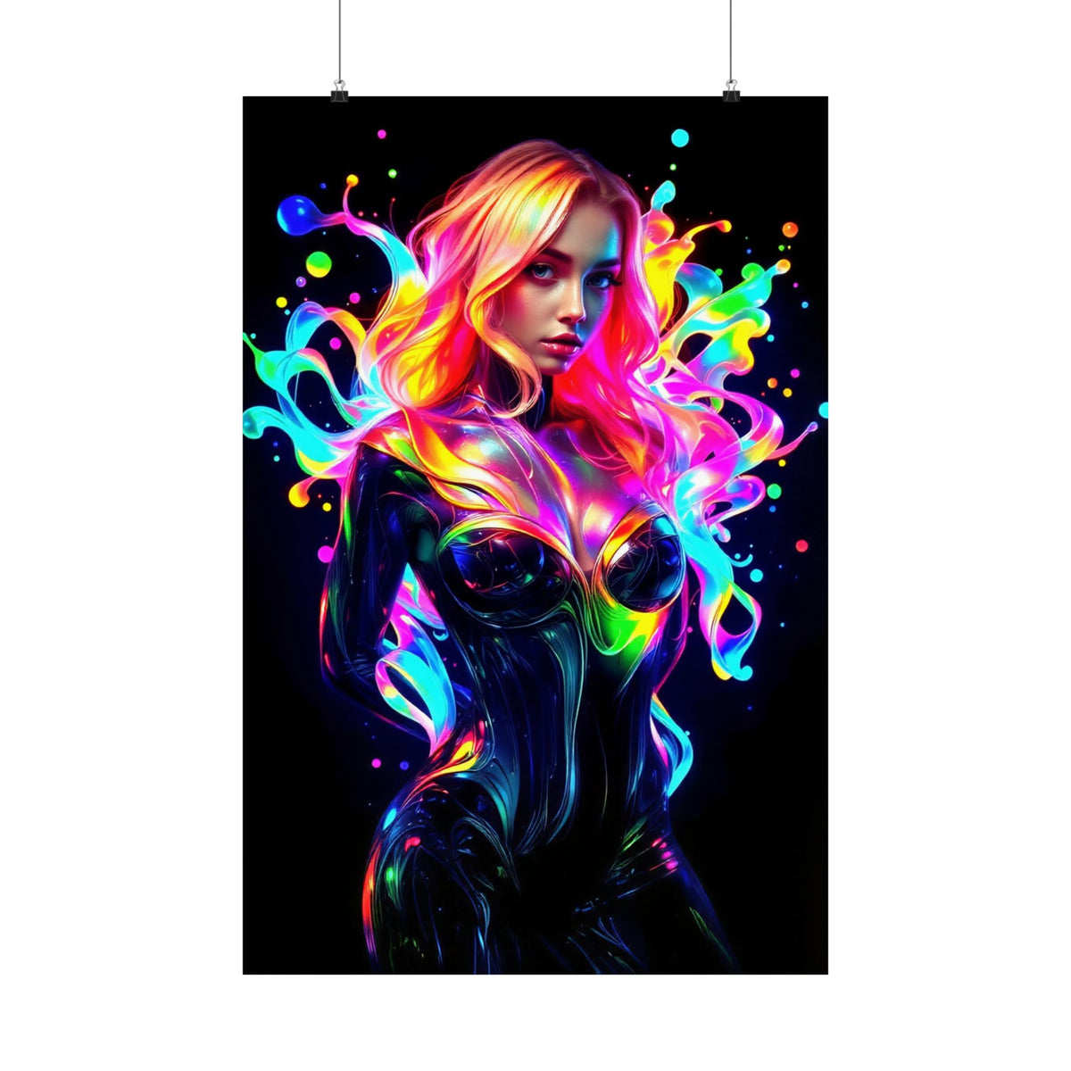 Neon Splash Rainbow Hair Woman Poster Matte Vertical Wall Art