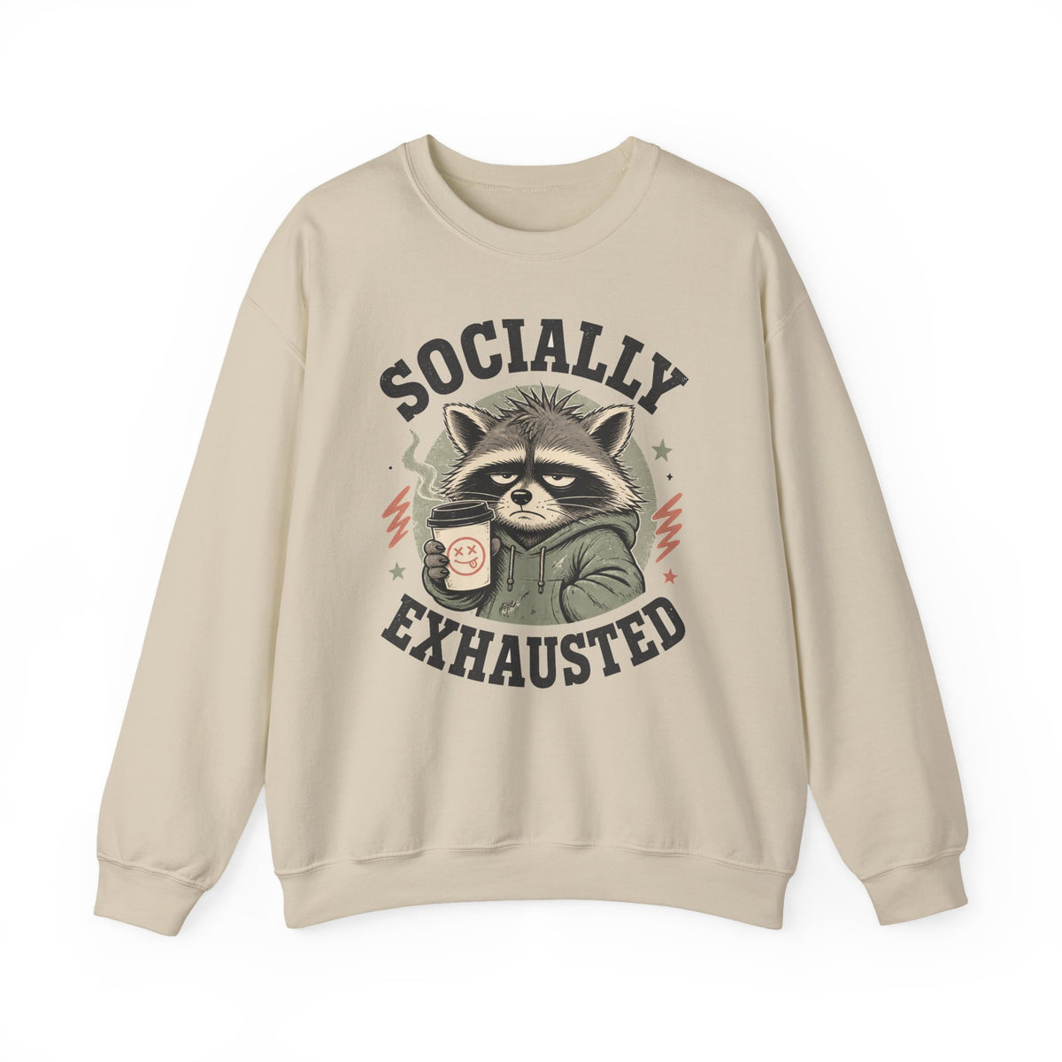 Socially Exhausted Raccoon Sweatshirt Funny Introvert Coffee