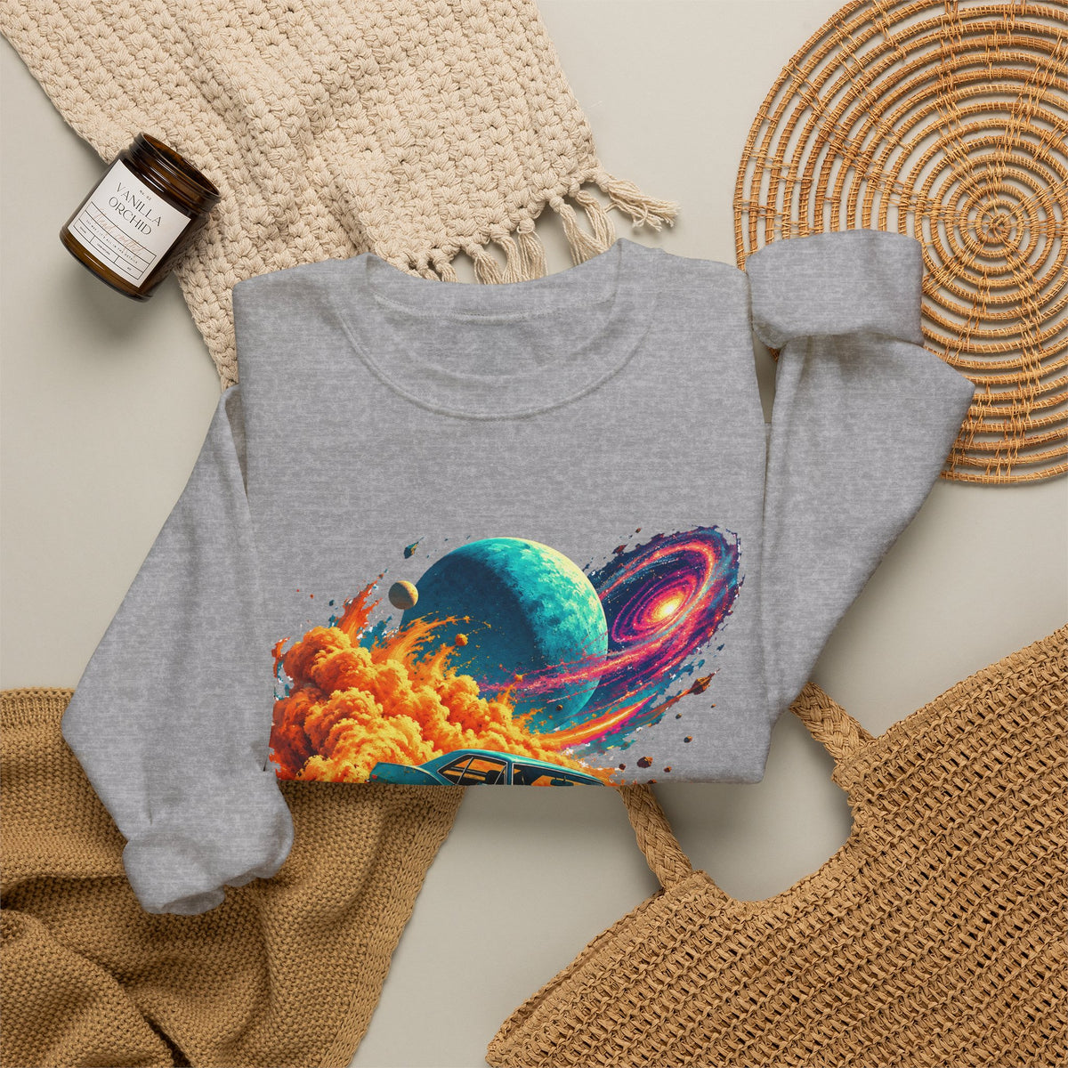 Cosmic Muscle Car Drift Crewneck Sweatshirt Teal Classic Car Orange Dust Planet Galaxy Art