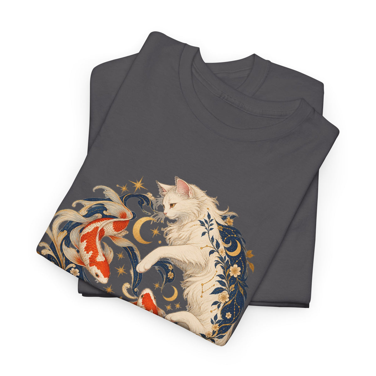 White Cat Koi Celestial T-Shirt Yin Yang Floral Cat Fish Tee