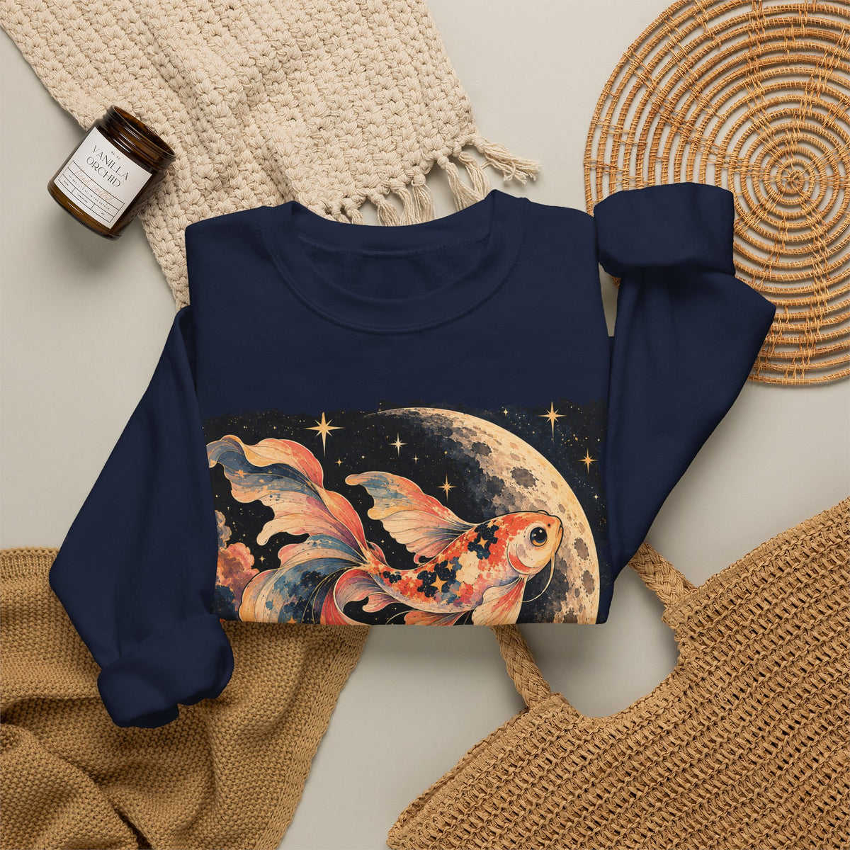 Koi Fish Moon Sweatshirt Celestial Koi Night Sky Full Moon Crewneck