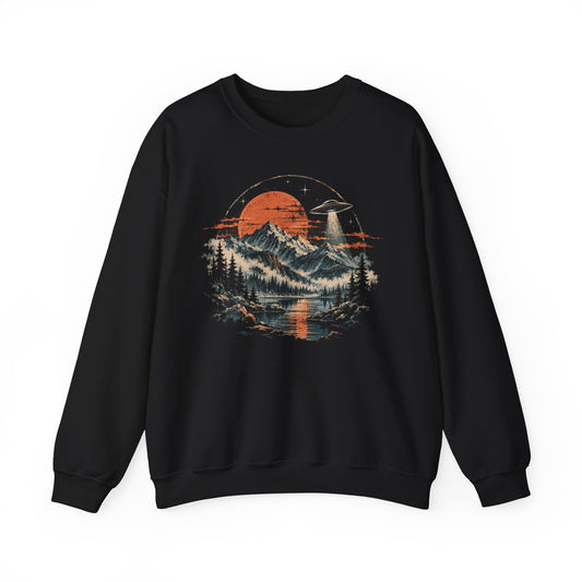 UFO Mountain Lake Sweatshirt Flying Saucer Orange Moon Alien Crewneck
