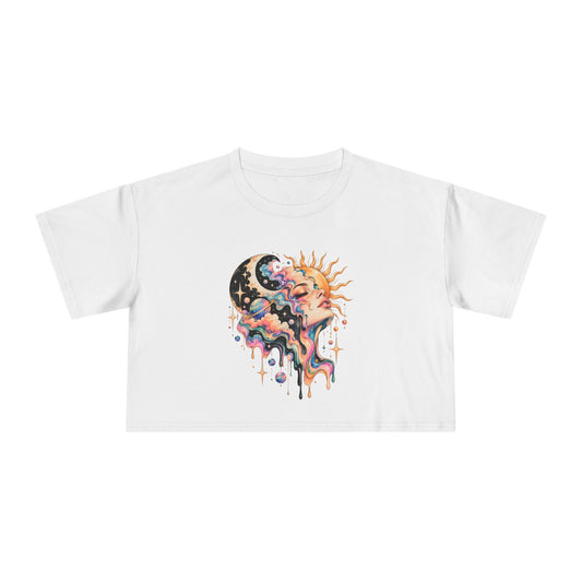 Celestial Sun and Moon Woman Crop Tee, Pastel Cloud Hair Melting Drip Planets Stars Women's Cropped T-Shirt