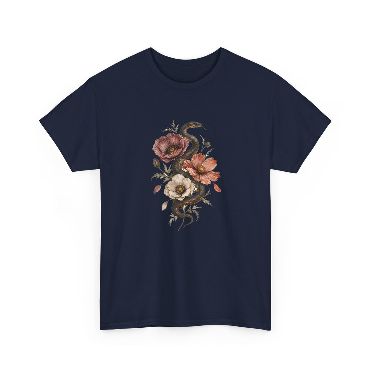 Snake and Poppies T-Shirt Vintage Botanical Serpent Flower Tattoo Style Tee