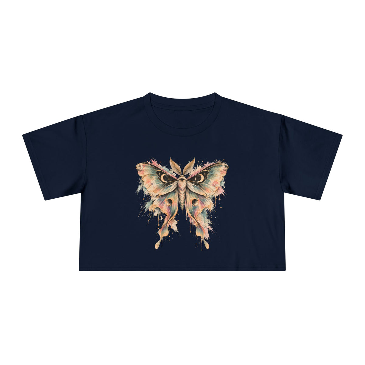 Celestial Luna Moth Crop Tee, Pastel Watercolor Moth Crescent Moon Stars Paint Drip Women's Cropped T-Shirt