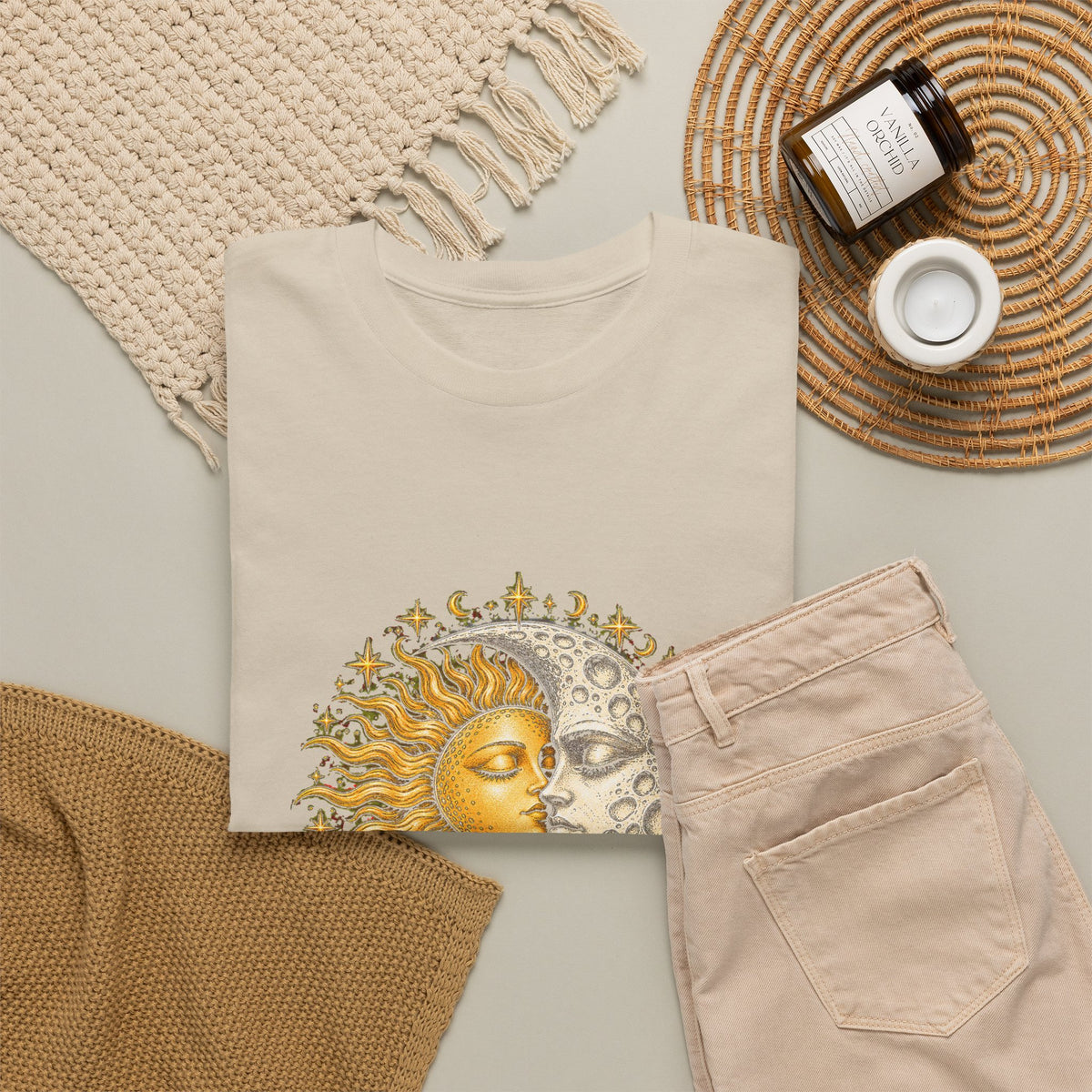 Celestial Sun and Moon Kiss T-Shirt Gold Silver Stars Romance Woodcut Tee