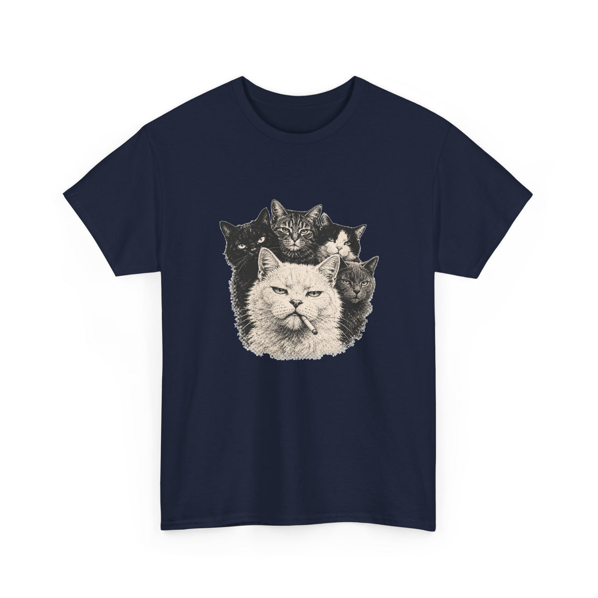 Vintage Grumpy Cats Crew T-Shirt Woodcut Smoking Cat Gang Retro Tattoo Style Tee