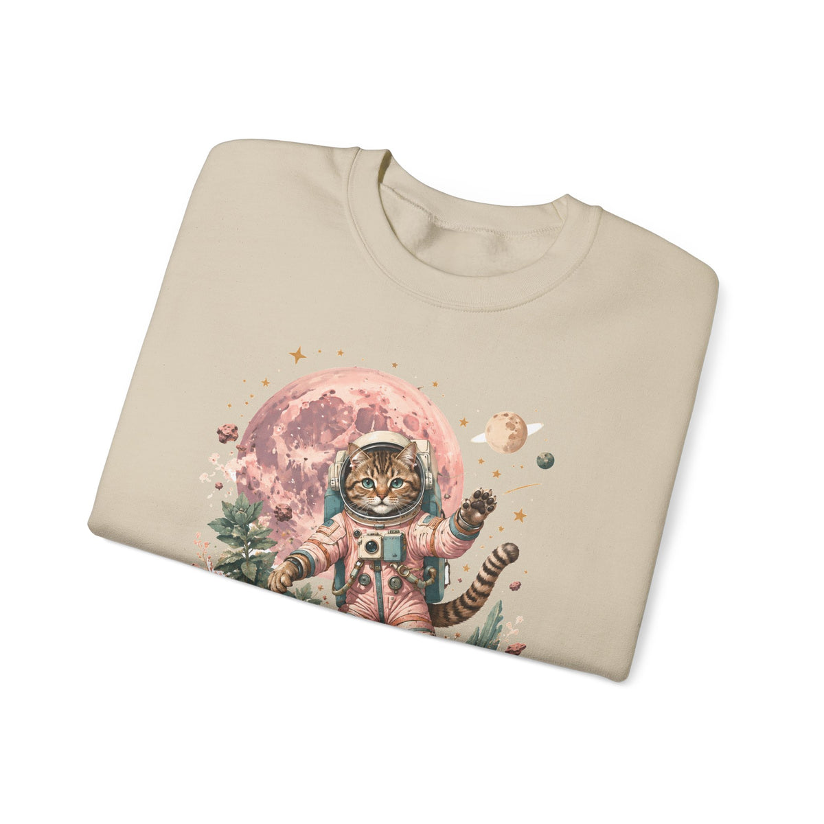Tabby Cat Astronaut Sweatshirt Pastel Pink Moon Space Cat Waving Crewneck