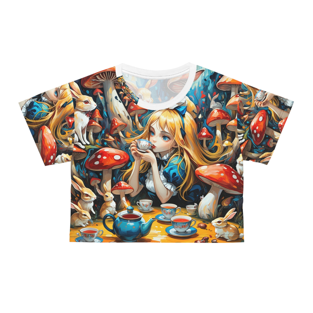 Wonderland Tea Party Crop Top Womens Mushroom Rabbit Fairytale All Over Print