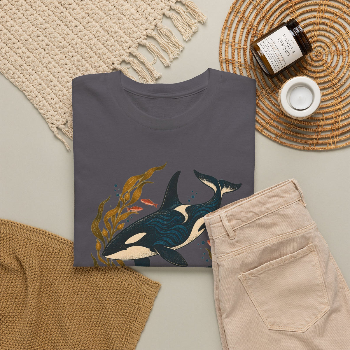 Orca Kelp Duo Tee Two Killer Whales Golden Kelp Forest Orange Fish Ocean Shirt