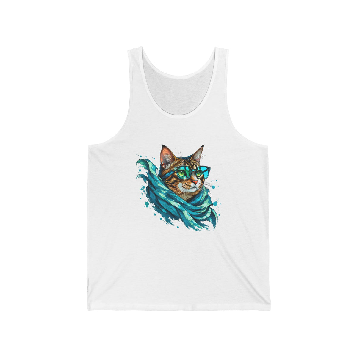 Tabby Cat in Glasses and Scarf Tank Top Cool Hipster Cat Teal Splash Art