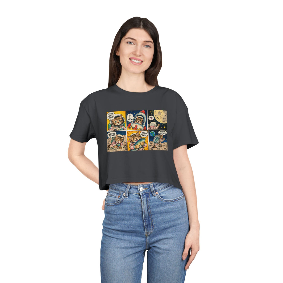 Astronaut Cat Comic Crop Tee, Space Cat Moon Mission Fish Funny Comic Strip Women's Cropped T-Shirt
