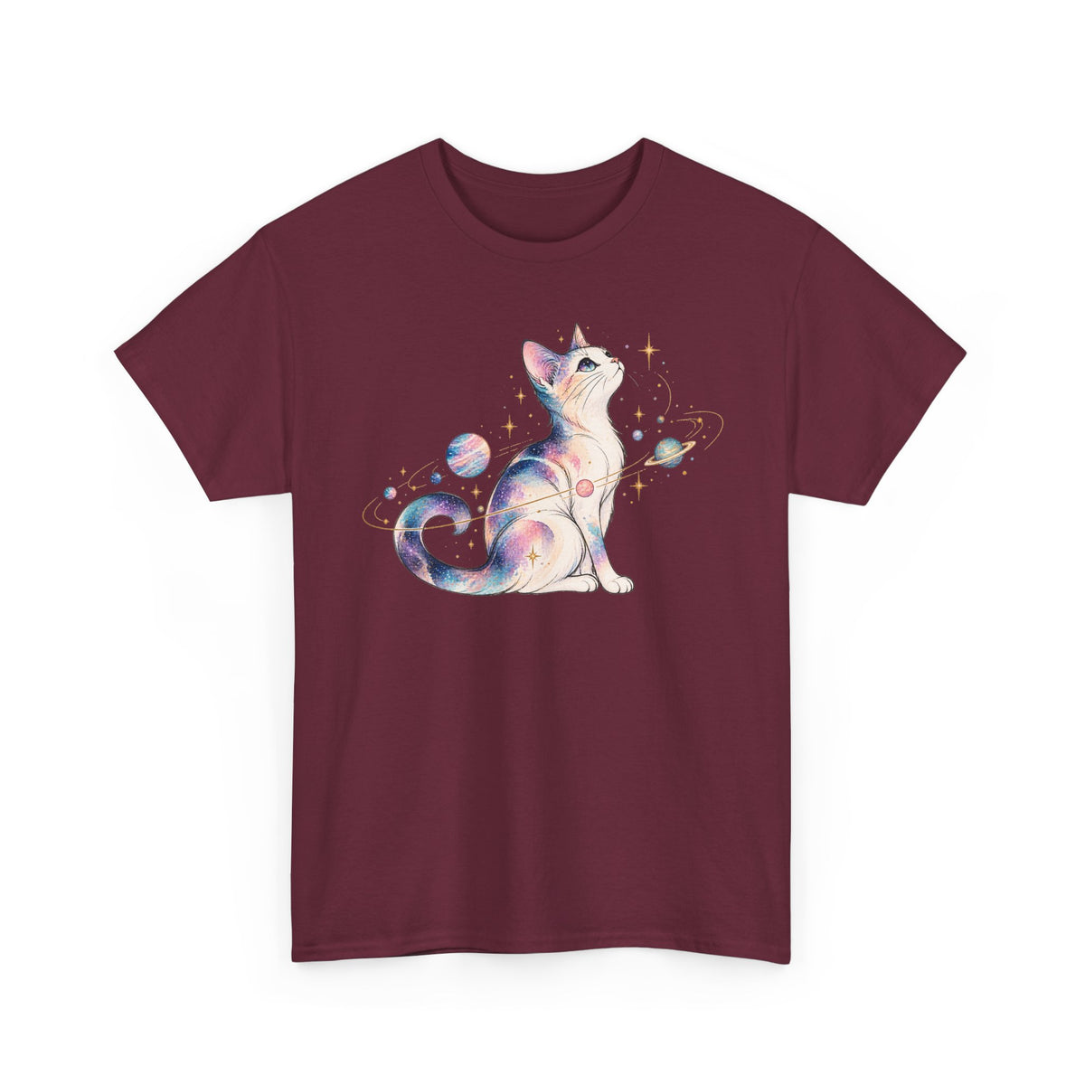 Cosmic Galaxy Cat T-Shirt, Pastel Watercolor Cat Planets Gold Stars Celestial Graphic Tee Unisex