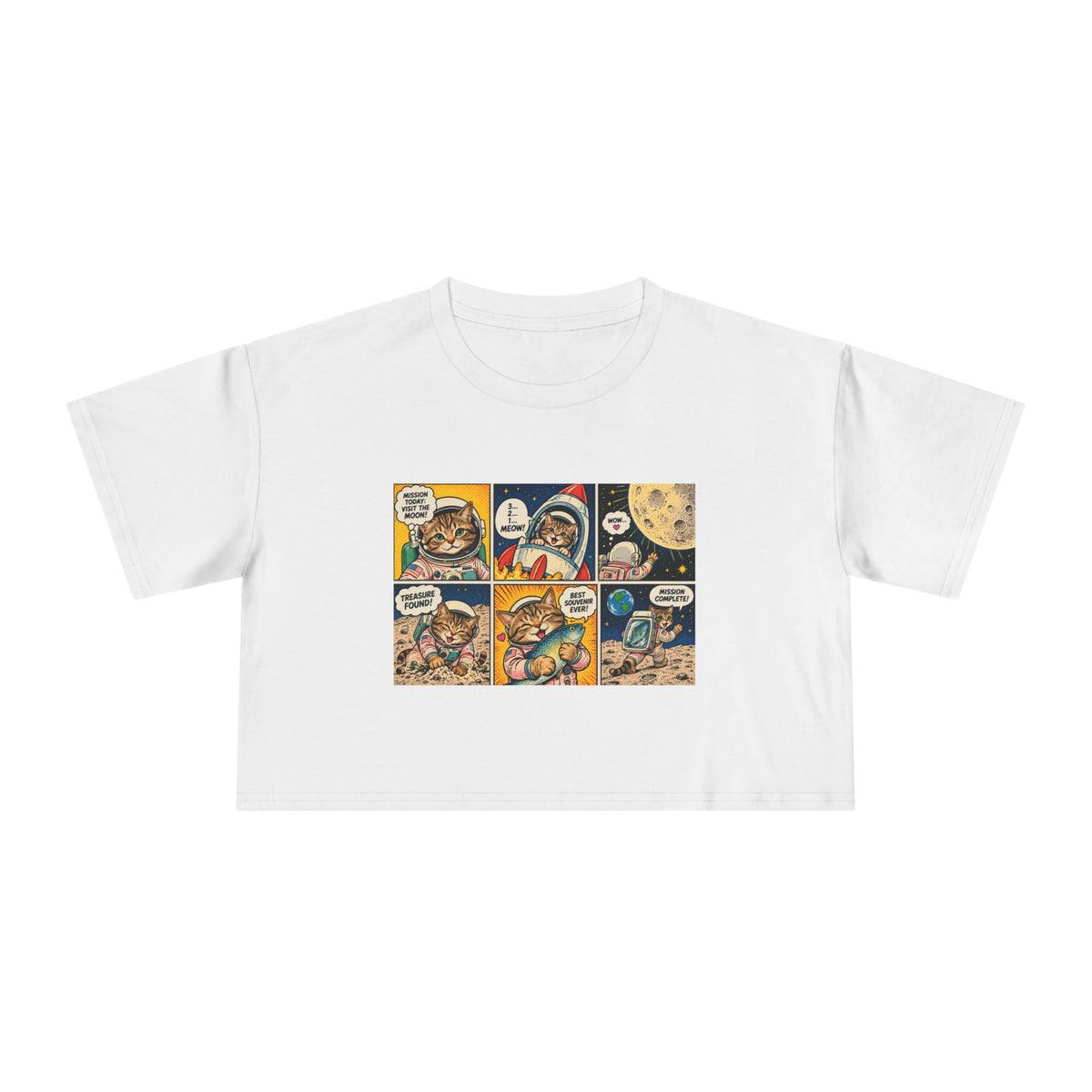Astronaut Cat Comic Crop Tee, Space Cat Moon Mission Fish Funny Comic Strip Women's Cropped T-Shirt