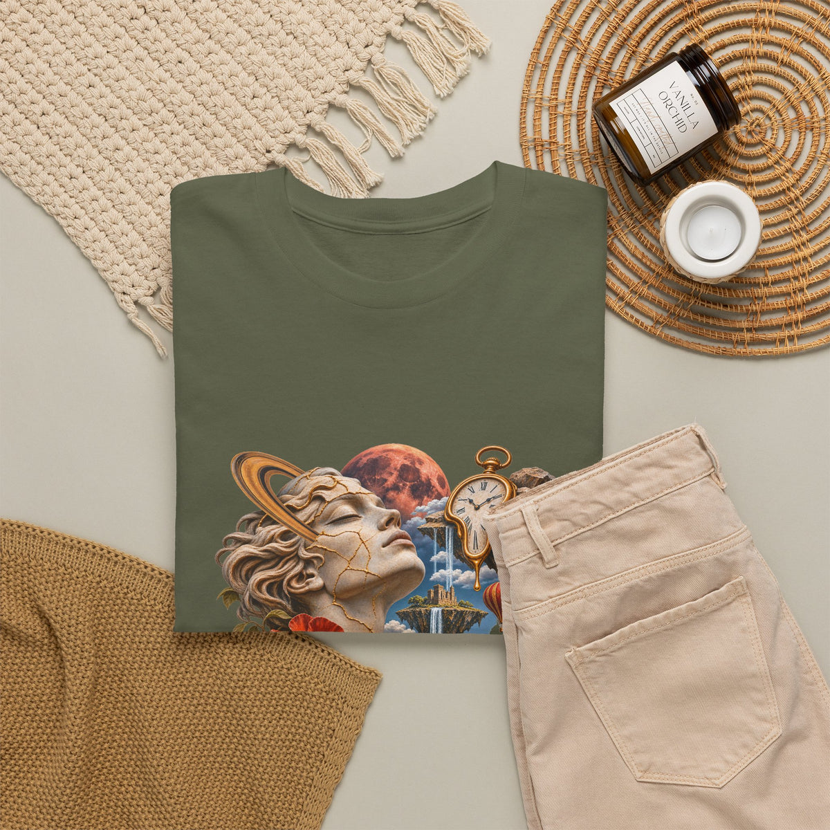 Surreal Kintsugi Bust T-Shirt Melting Clock Floating Islands Celestial Tee