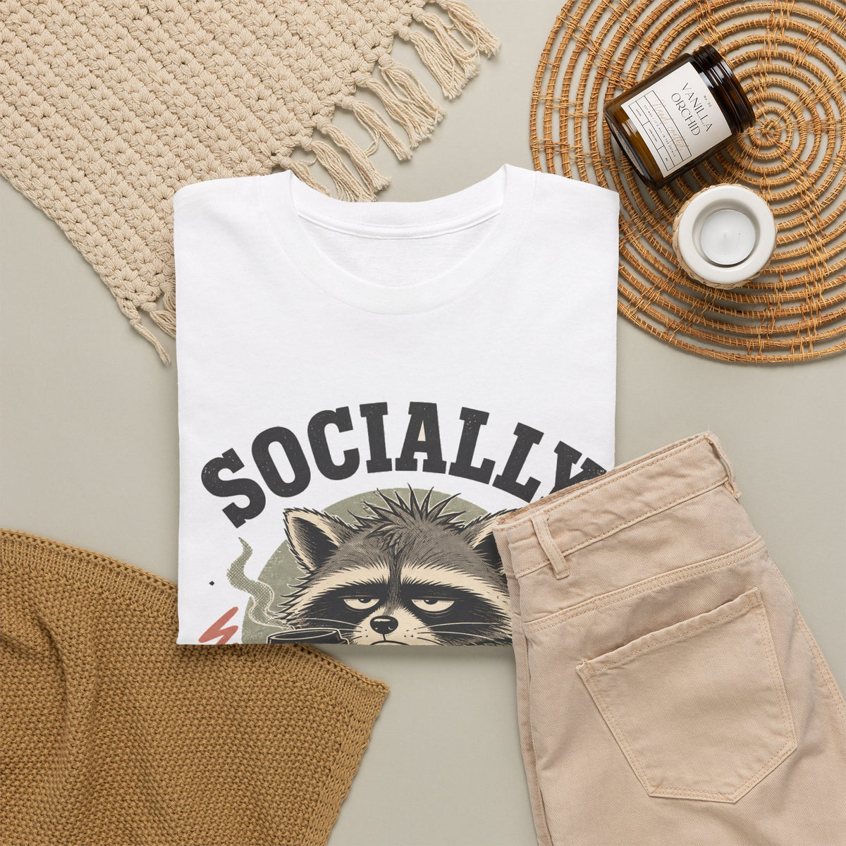 Socially Exhausted Raccoon T-Shirt Funny Introvert Coffee