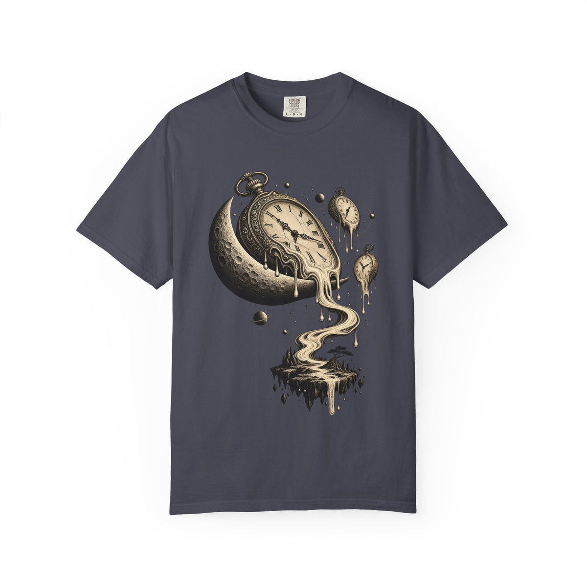Melting Pocket Watch Crescent Moon Tee Surreal Celestial Time Shirt