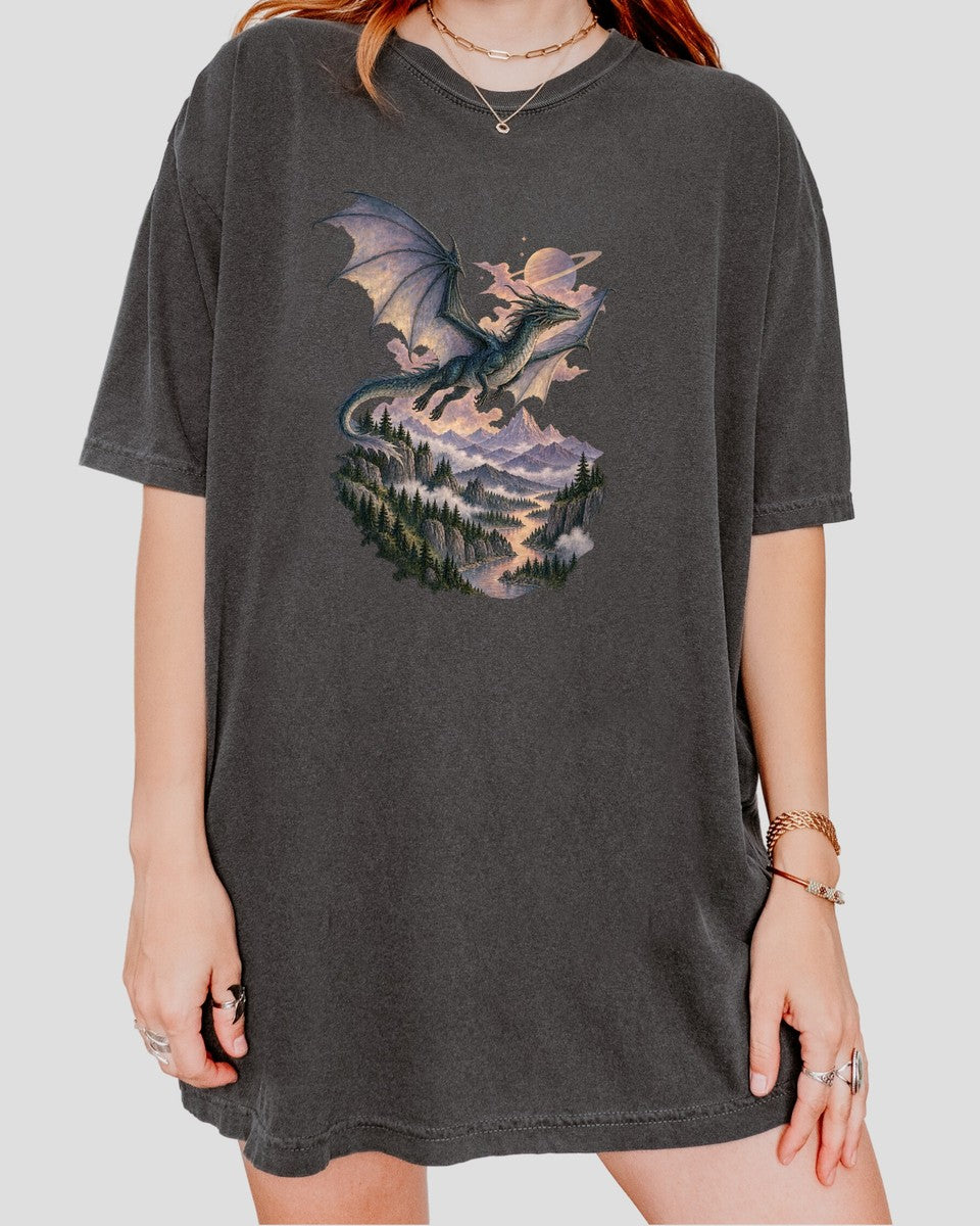 Celestial Dragon Over Forest Tee Fantasy Ringed Planet Mount - Comfort Colors tee model v4