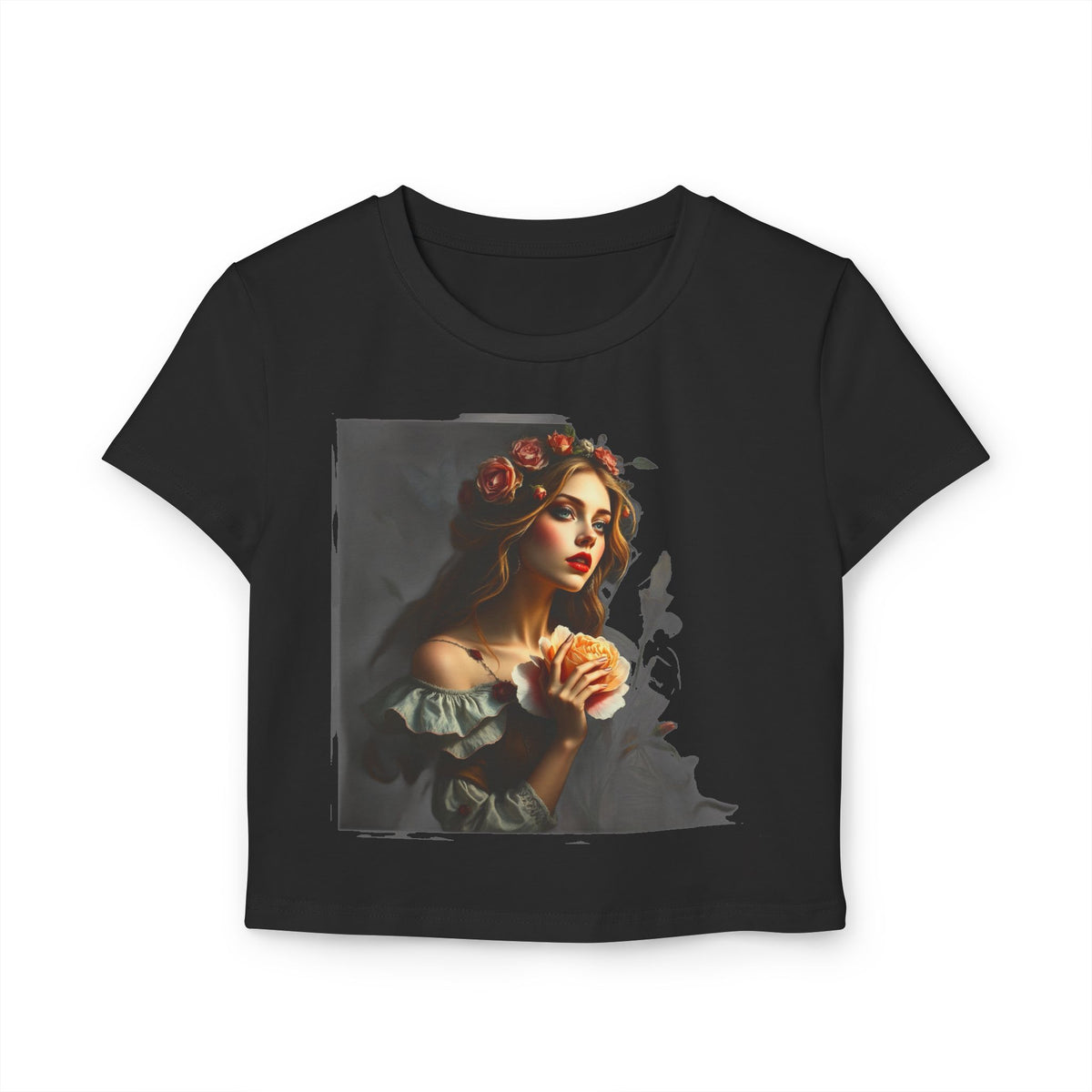 Gothic Rose Lady Portrait Baby Tee Womens Fitted Crop T-Shirt