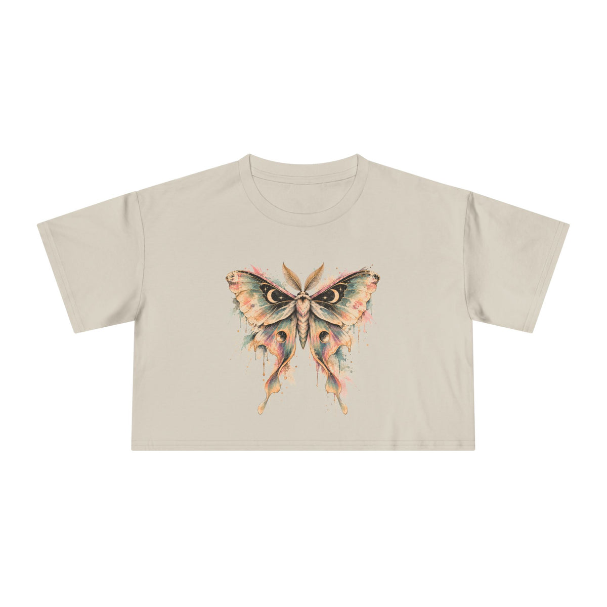 Celestial Luna Moth Crop Tee, Pastel Watercolor Moth Crescent Moon Stars Paint Drip Women's Cropped T-Shirt