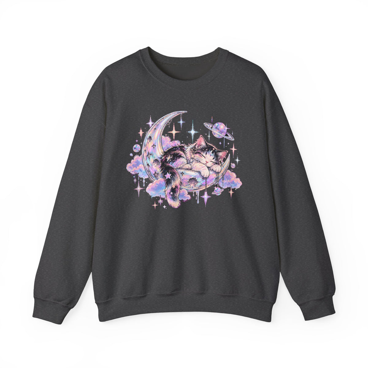 Sleeping Cat on Crescent Moon Sweatshirt Pastel Kawaii Celestial Kitten Crewneck