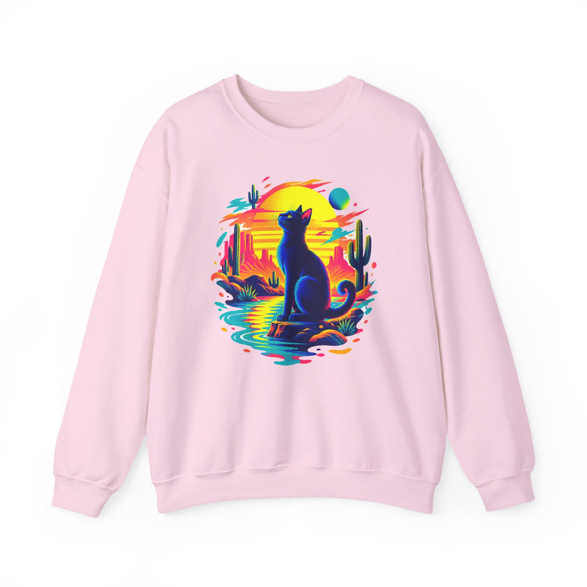 Neon Desert Black Cat Sweatshirt Synthwave Sunset Cactus Oasis Cat Lover Crewneck