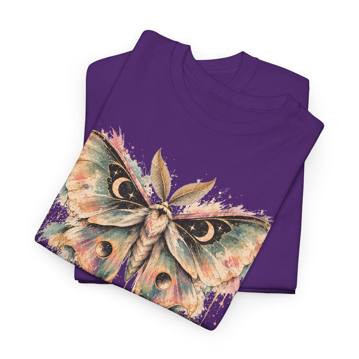 Celestial Luna Moth T-Shirt, Pastel Watercolor Moth Crescent Moon Stars Paint Drip Graphic Tee Unisex