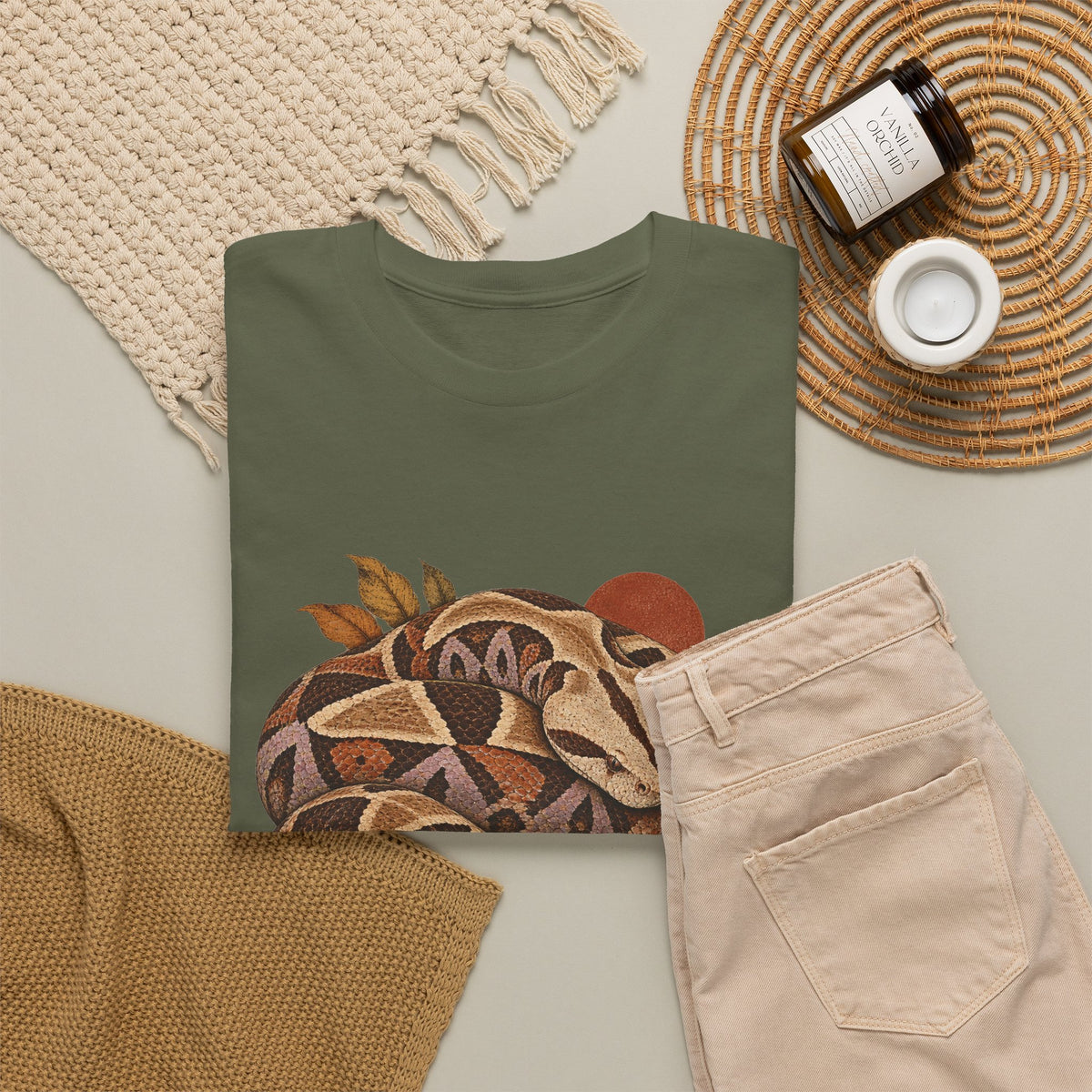 Gaboon Viper Coiled Sun T-Shirt Autumn Snake Geometric Tee