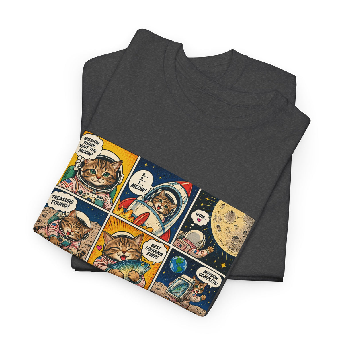 Astronaut Cat Comic T-Shirt, Space Cat Moon Mission Fish Funny Comic Strip Graphic Tee Unisex