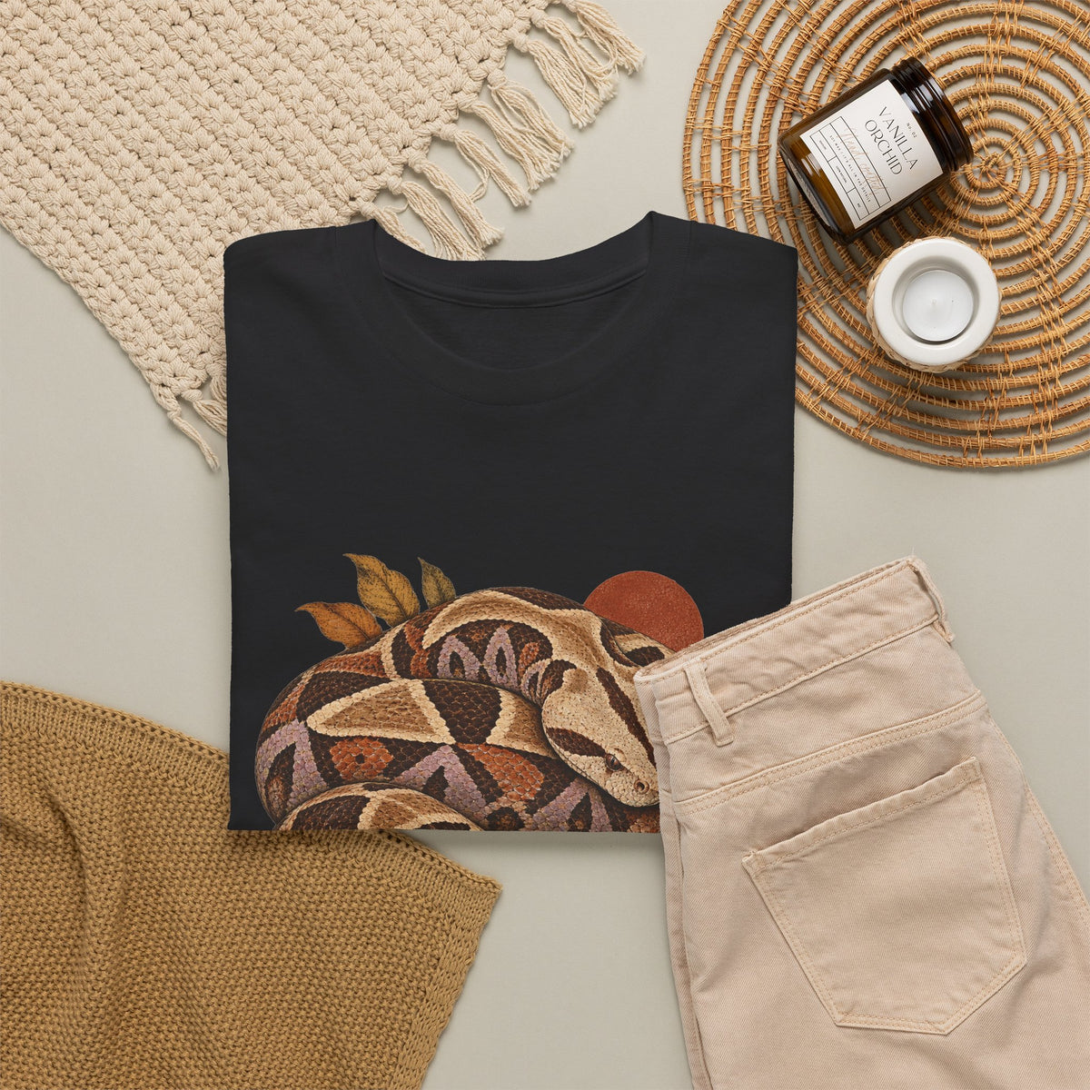 Gaboon Viper Coiled Sun T-Shirt Autumn Snake Geometric Tee