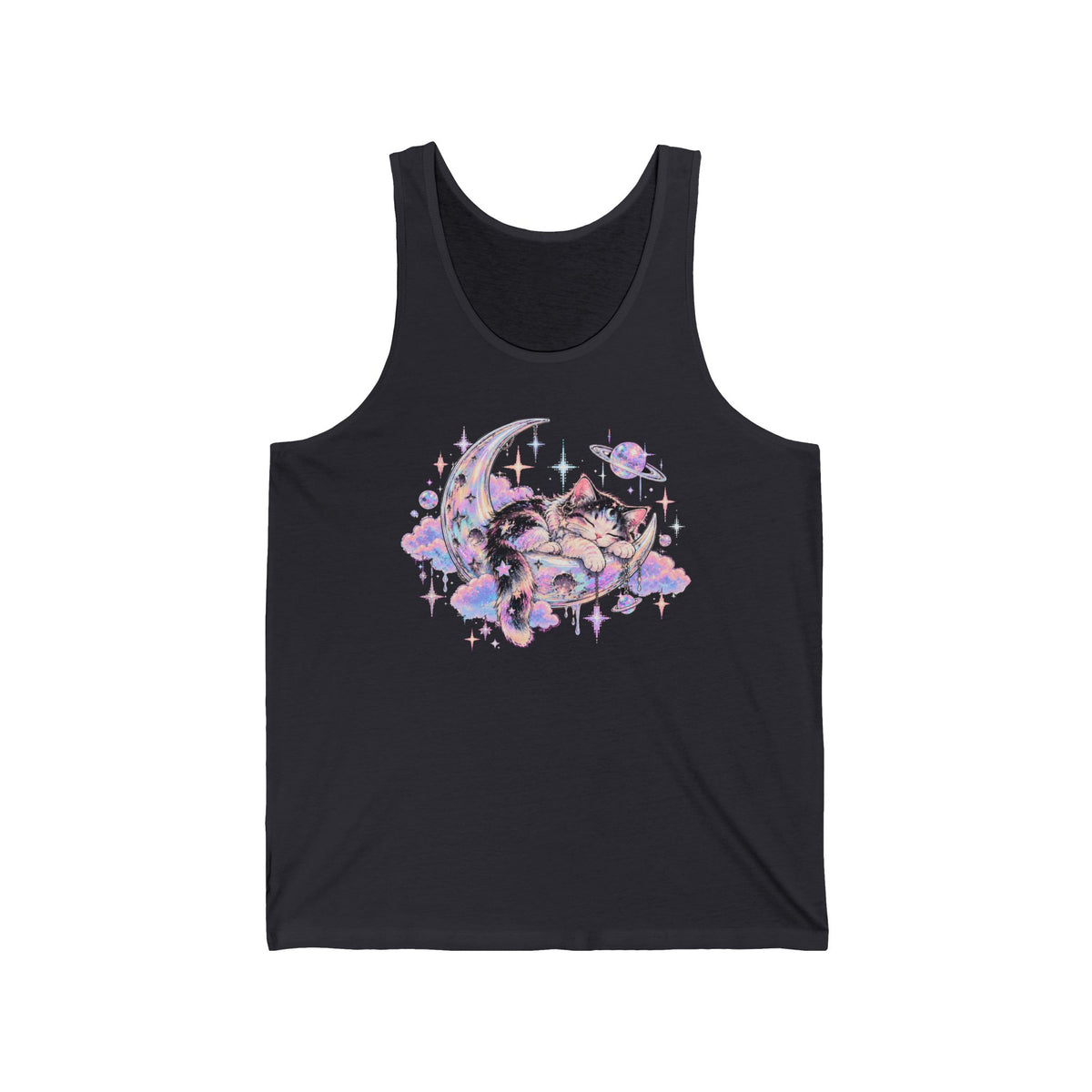 Sleeping Cat on Crescent Moon Tank Top Pastel Kawaii Celestial Kitten Tank