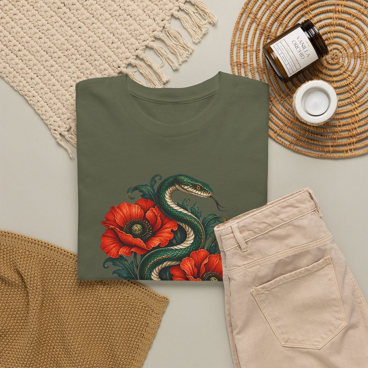 Green Snake Red Poppies T-Shirt Botanical Serpent Floral Tee