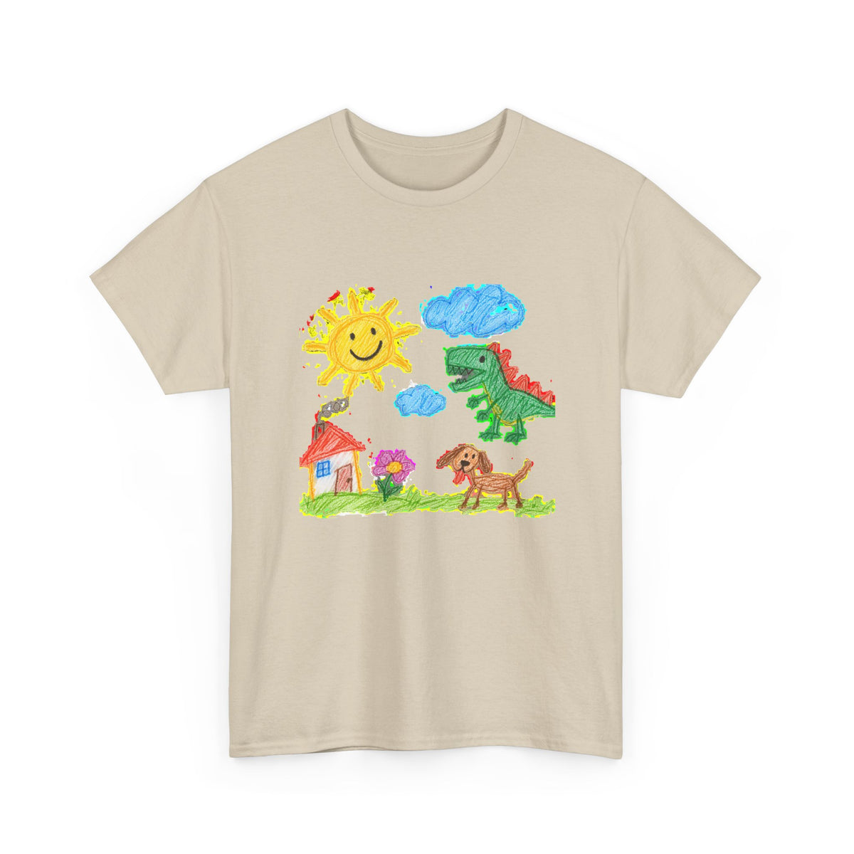 Kids Crayon Drawing T-Shirt Dinosaur Dog Sun House Cute Childlike Art Tee
