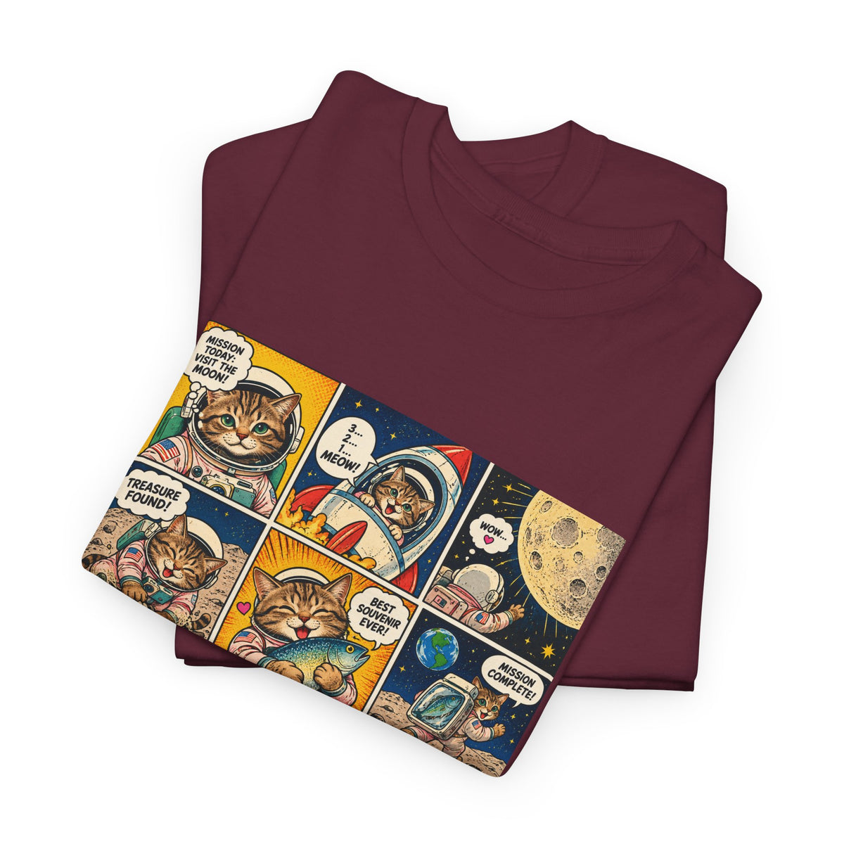 Astronaut Cat Comic T-Shirt, Space Cat Moon Mission Fish Funny Comic Strip Graphic Tee Unisex