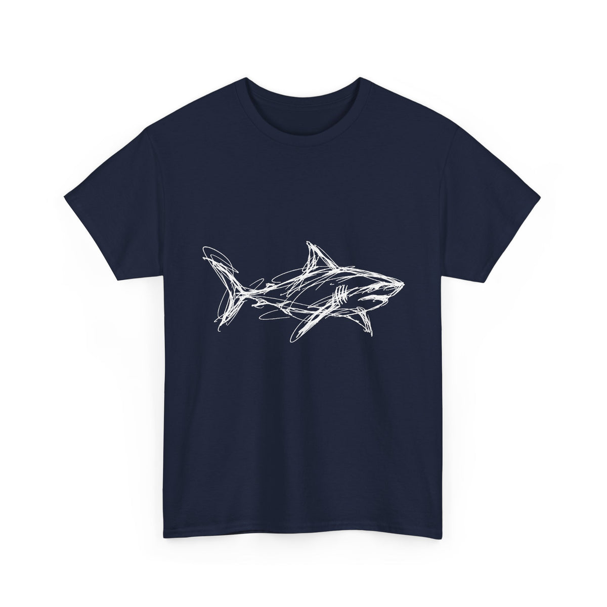 Sketchy White Shark on Black T-Shirt Minimal Ocean Line Art