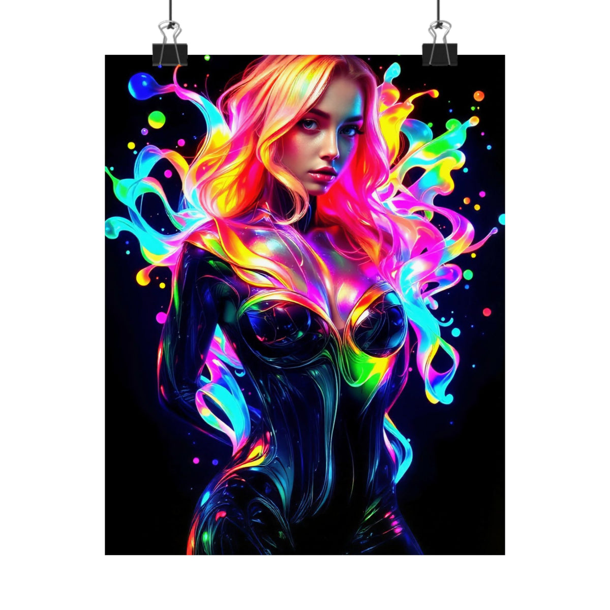 Neon Splash Rainbow Hair Woman Poster Matte Vertical Wall Art